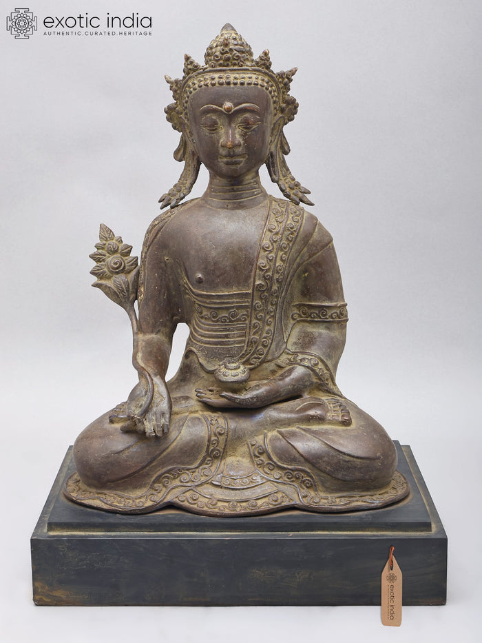 17" Crowned Medicine Buddha Brass Statue with Wood Base