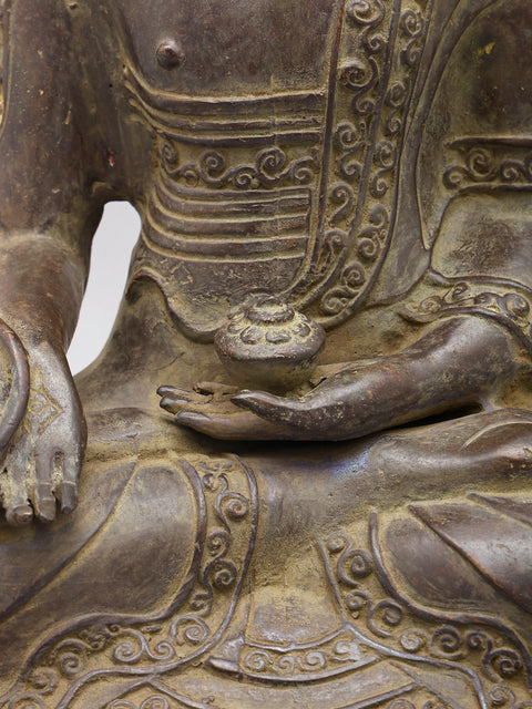 17" Crowned Medicine Buddha | Brass Statue on Wood Base