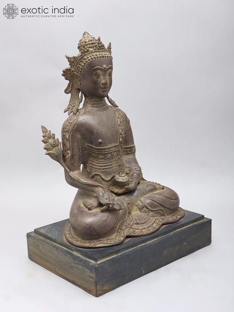 17" Crowned Medicine Buddha | Brass Statue on Wood Base