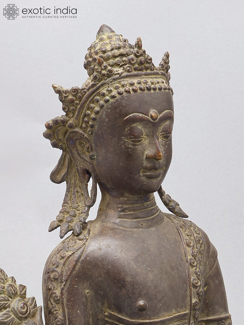 17" Crowned Medicine Buddha | Brass Statue on Wood Base