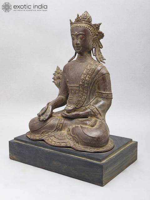 17" Crowned Medicine Buddha | Brass Statue on Wood Base
