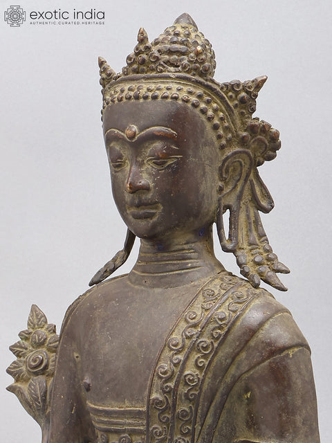 17" Crowned Medicine Buddha | Brass Statue on Wood Base