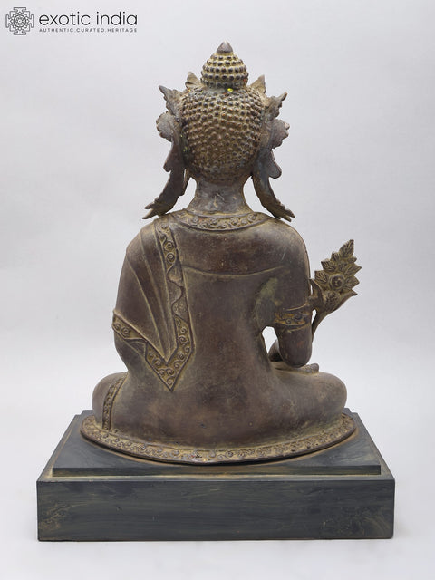 17" Crowned Medicine Buddha | Brass Statue on Wood Base