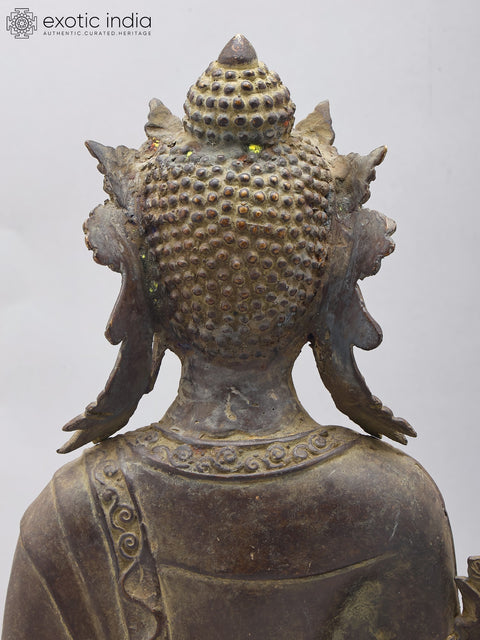 17" Crowned Medicine Buddha | Brass Statue on Wood Base