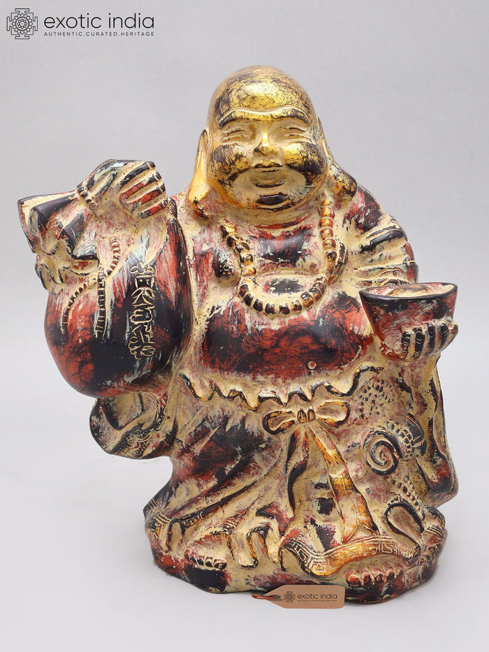 10" Laughing Buddha Brass Statue with Wealth Bag for Feng Shui Home Decor