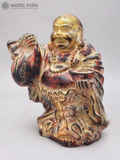 10" Laughing Buddha with Wealth Bag & Gold Bowl l Feng Shui Wealth Idol