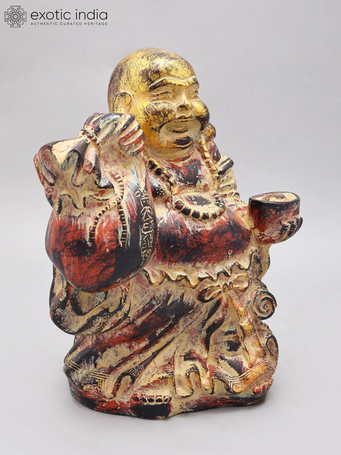 10" Laughing Buddha with Wealth Bag & Gold Bowl l Feng Shui Wealth Idol