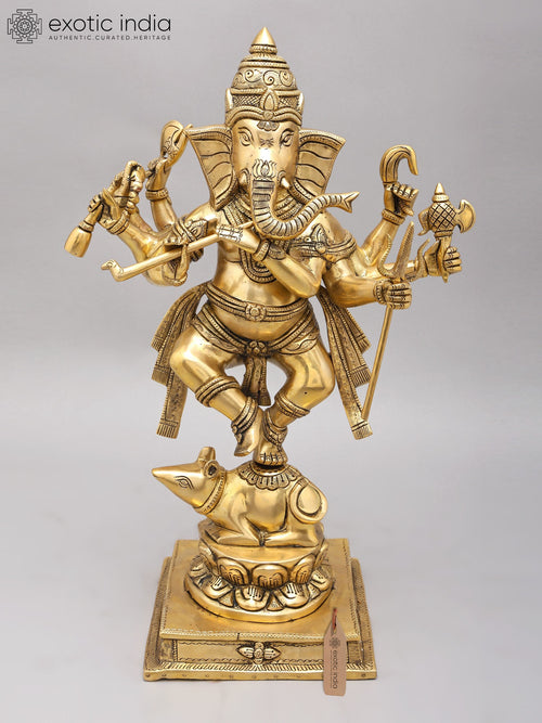 18" Eight Armed Dancing Ganesha on Mushak Brass Statue