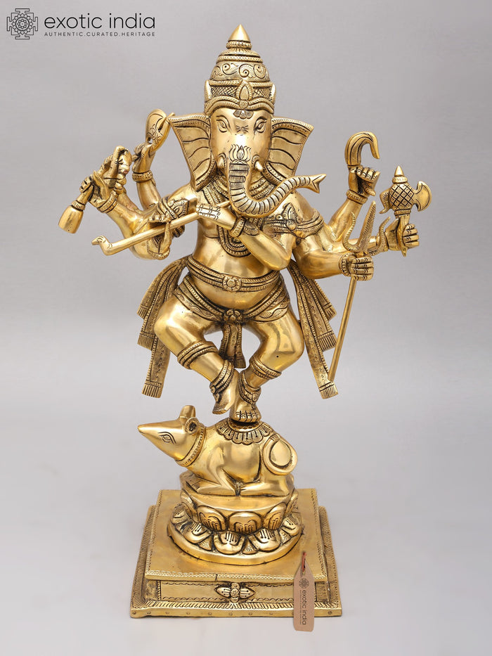 18" Eight Armed Dancing Ganesha on Mushak Brass Statue