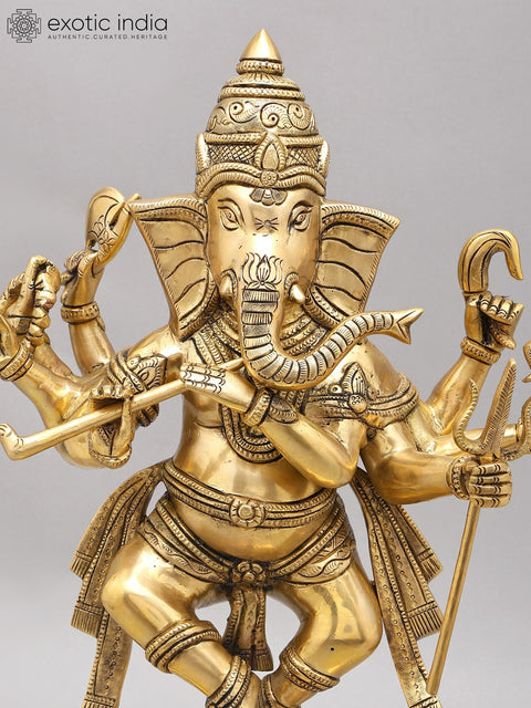 18" Eight Armed Lord Ganesha Dancing on Mushak | Brass Statue