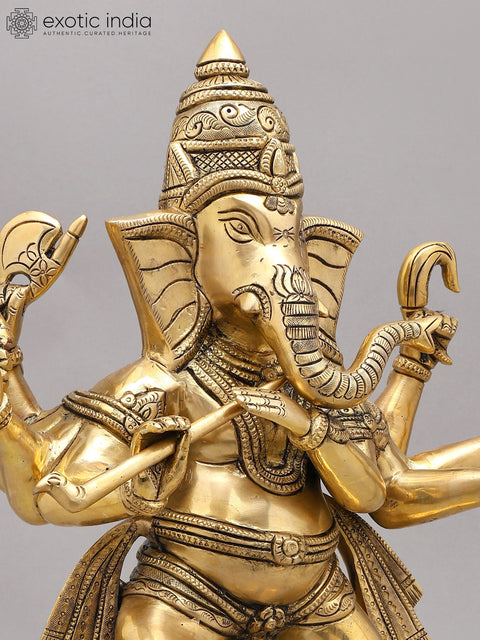 18" Eight Armed Lord Ganesha Dancing on Mushak | Brass Statue
