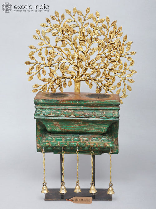 28" Brass Tree of Life with Wooden Stand and Bells Candle Holder Statue