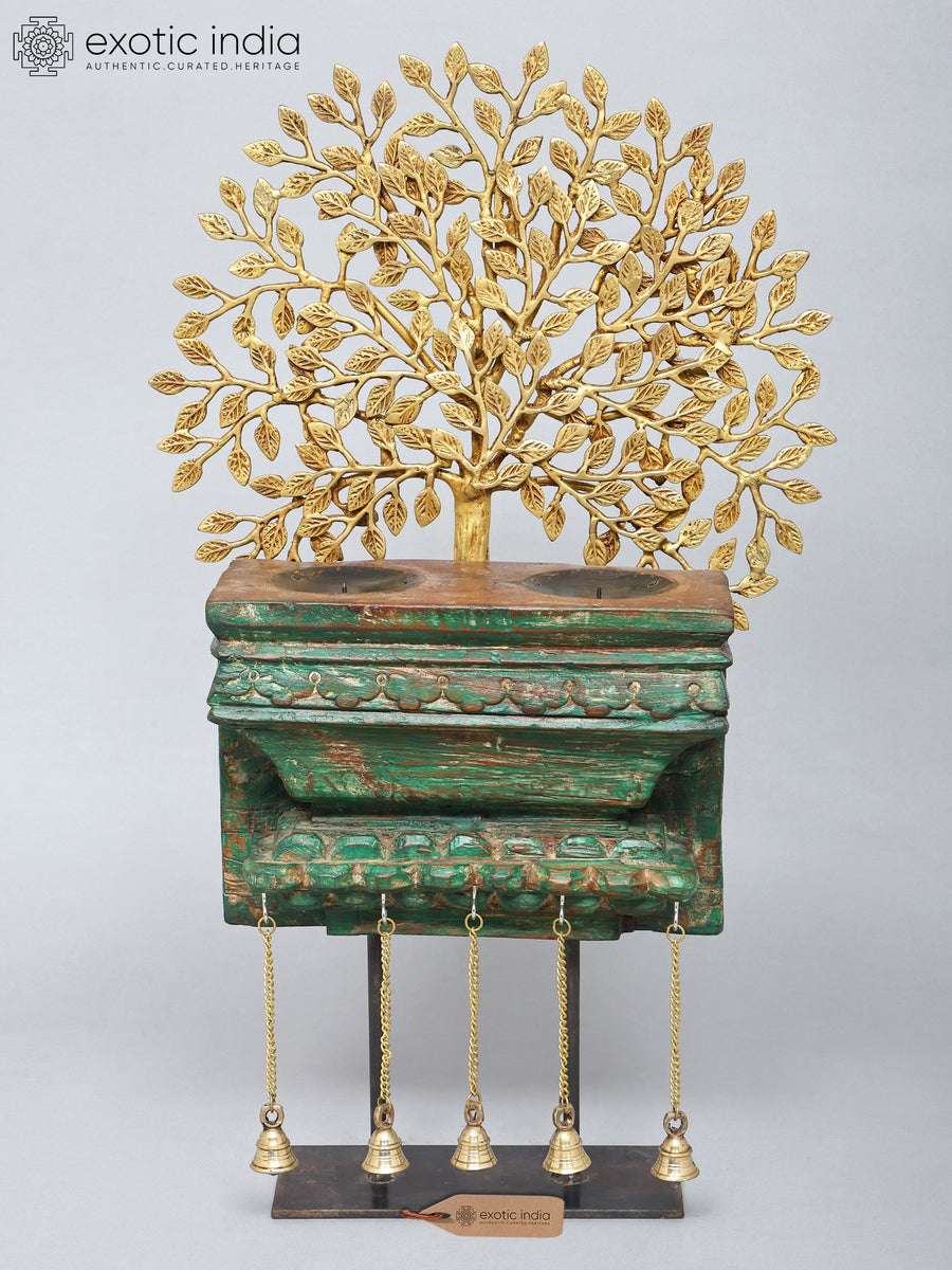28" Brass Tree of Life with Wooden Stand and Bells Candle Holder Statue
