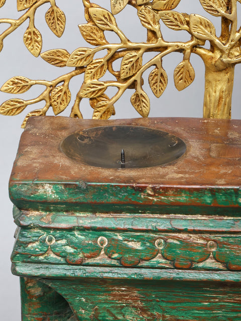 28" Brass Tree of Life with Wooden Candle Stand and Dangling Bells | Decorative Showpiece