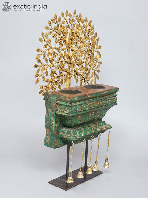 28" Brass Tree of Life with Wooden Candle Stand and Dangling Bells | Decorative Showpiece
