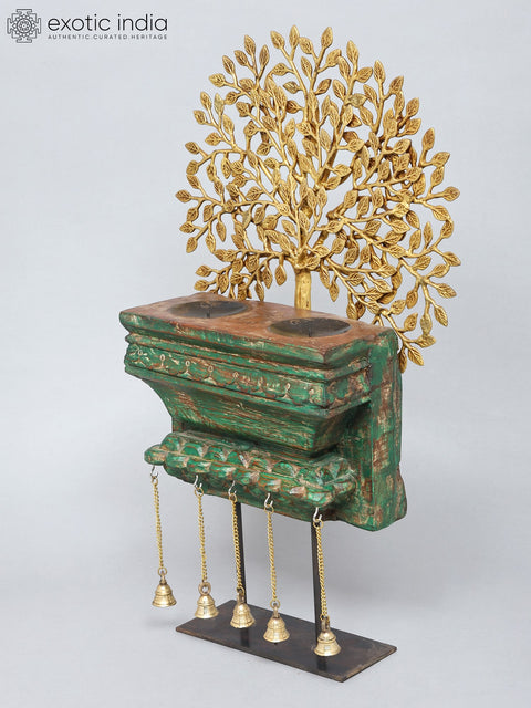 28" Brass Tree of Life with Wooden Candle Stand and Dangling Bells | Decorative Showpiece