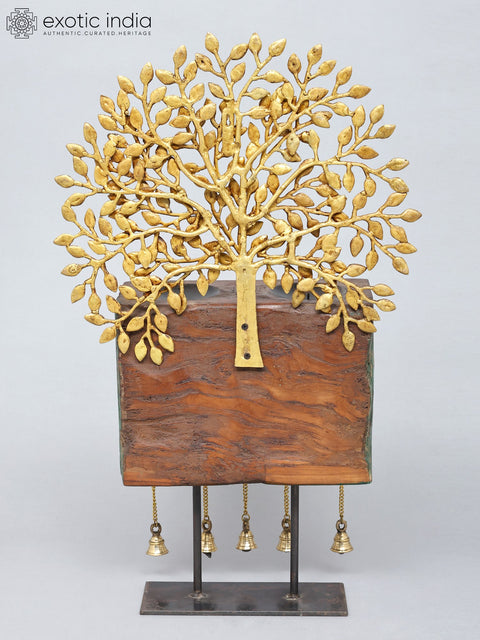 28" Brass Tree of Life with Wooden Candle Stand and Dangling Bells | Decorative Showpiece