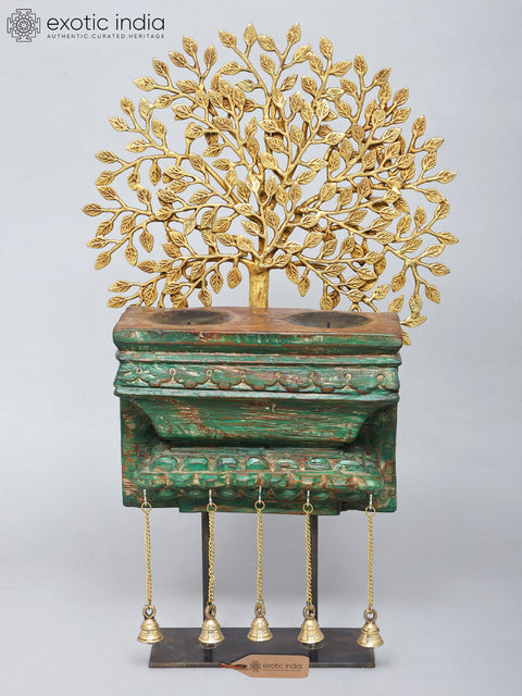 28" Brass Tree of Life with Wooden Candle Stand and Dangling Bells | Decorative Showpiece