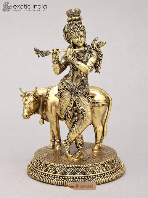 6" Small Superfine Cow Krishna Handmade Brass Statue