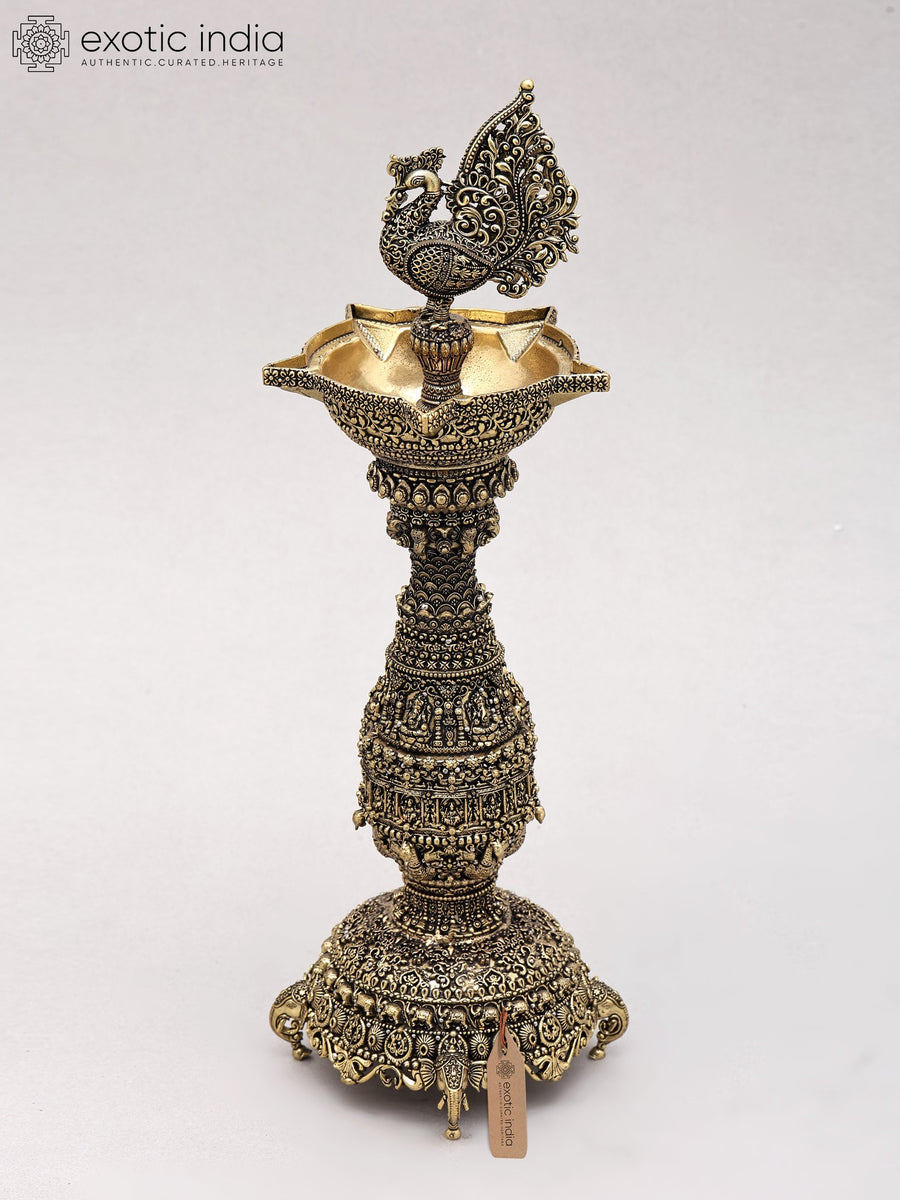 12" Brass Peacock Lamp with Intricate Carvings