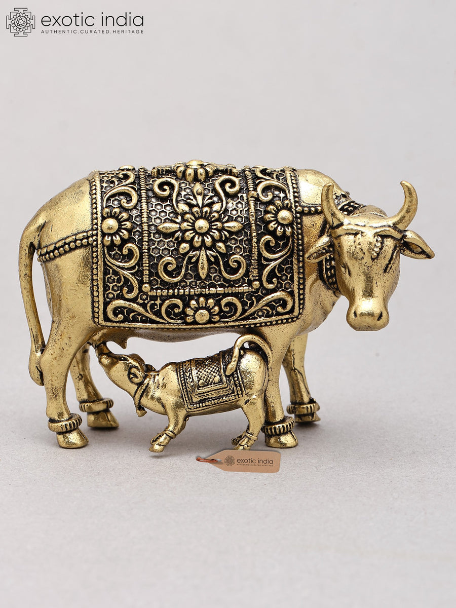 3" Small Brass Cow and Calf Statue Handmade