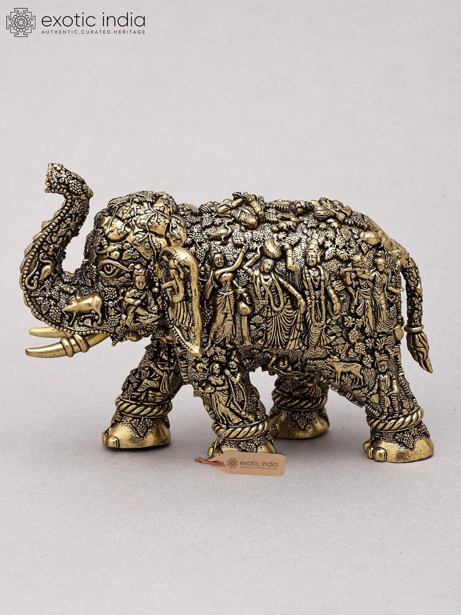 5" Brass Elephant with Radha Krishna Carvings Sacred Statue