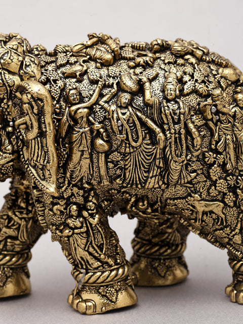5" Small Superfine Sacred Elephant with Radha Krishna Carvings | Brass Statue