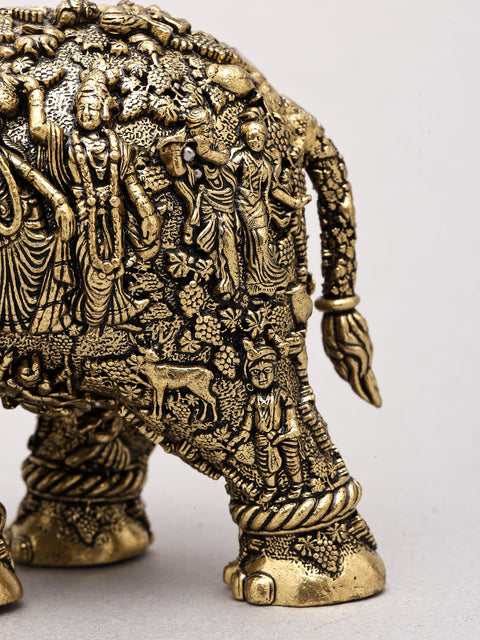 5" Small Superfine Sacred Elephant with Radha Krishna Carvings | Brass Statue