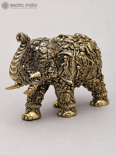 5" Small Superfine Sacred Elephant with Radha Krishna Carvings | Brass Statue