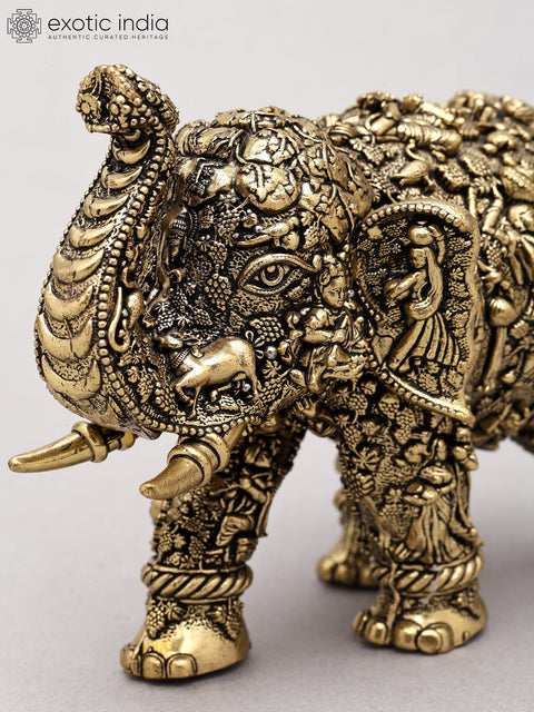 5" Small Superfine Sacred Elephant with Radha Krishna Carvings | Brass Statue