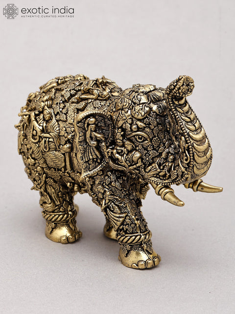 5" Small Superfine Sacred Elephant with Radha Krishna Carvings | Brass Statue