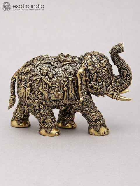 5" Small Superfine Sacred Elephant with Radha Krishna Carvings | Brass Statue