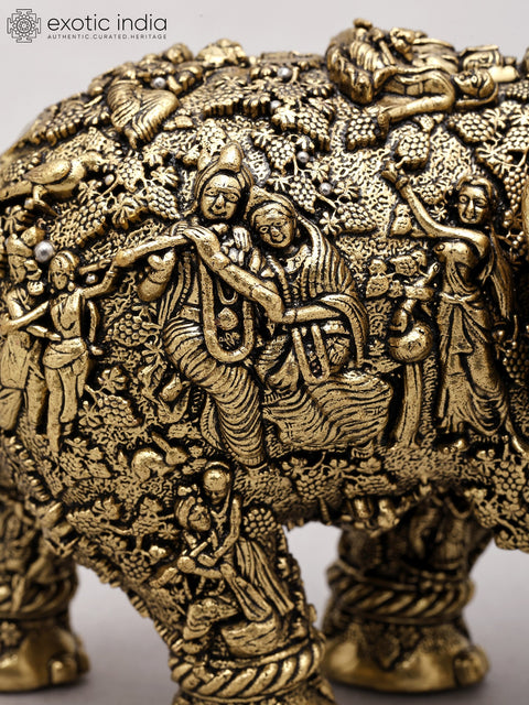5" Small Superfine Sacred Elephant with Radha Krishna Carvings | Brass Statue
