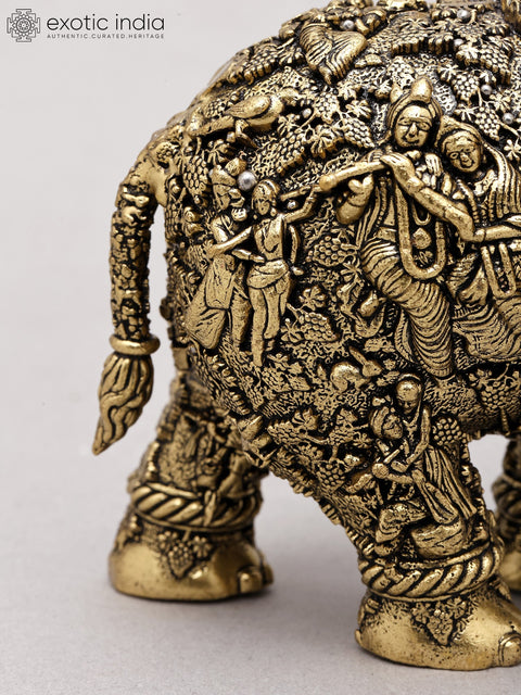 5" Small Superfine Sacred Elephant with Radha Krishna Carvings | Brass Statue
