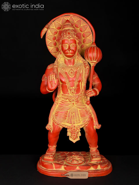 22" Sindoori Colored Standing Lord Hanuman in Blessing Gesture | Brass Statue