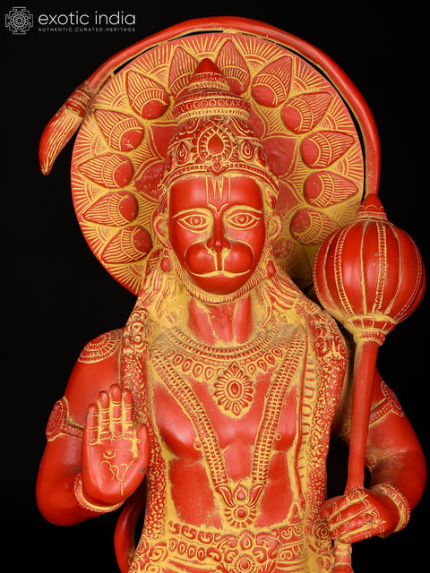 22" Sindoori Colored Standing Lord Hanuman in Blessing Gesture | Brass Statue