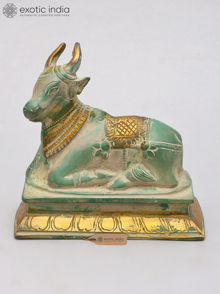 5" Green and Gold Nandi Brass Statue for Pooja