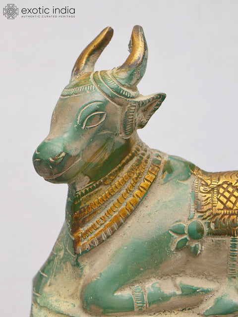 5" Small Green and Gold Nandi Statue in Brass