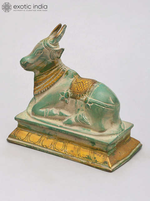 5" Small Green and Gold Nandi Statue in Brass
