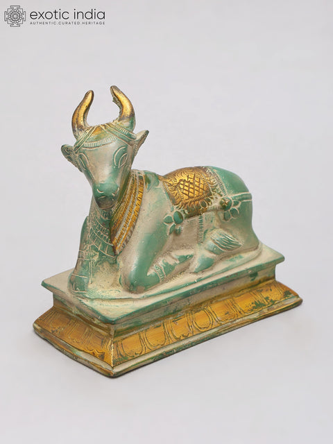 5" Small Green and Gold Nandi Statue in Brass