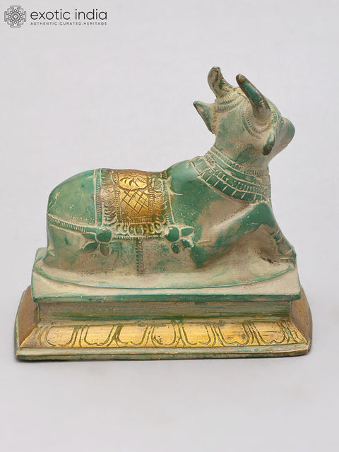 5" Small Green and Gold Nandi Statue in Brass