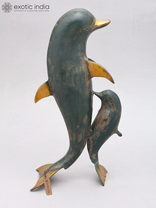 12" Brass Mother Dolphin with Baby Statue for Home Decor