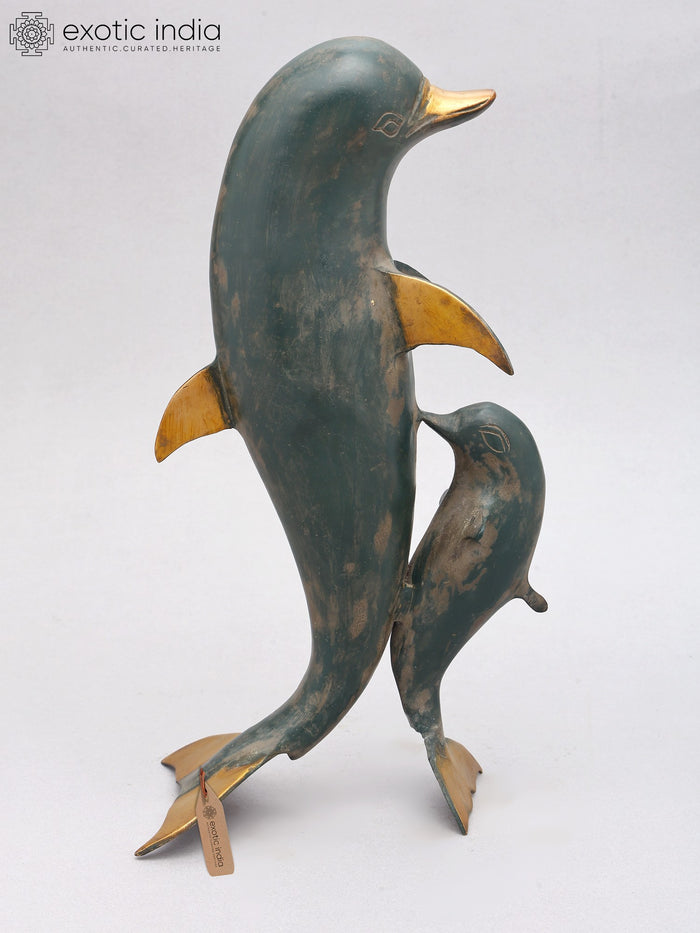12" Brass Mother Dolphin with Baby Statue for Home Decor