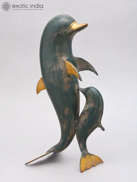 12" Decorative Mother Dolphin with Baby | Brass Statue | Home Decor