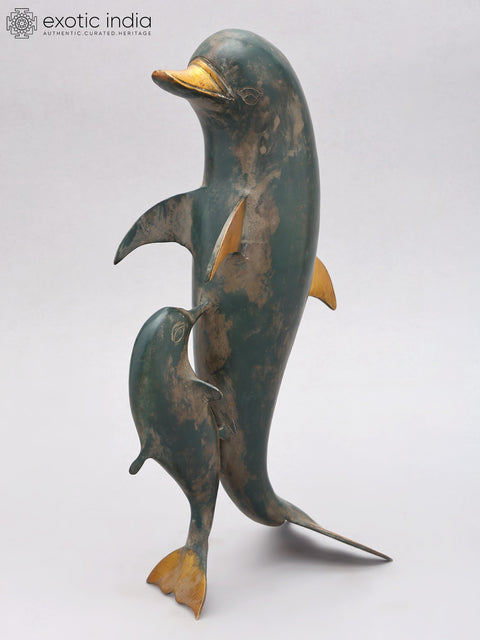 12" Decorative Mother Dolphin with Baby | Brass Statue | Home Decor