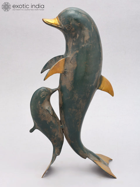 12" Decorative Mother Dolphin with Baby | Brass Statue | Home Decor
