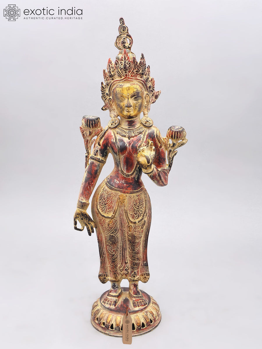 21" Standing Tibetan Buddhist Goddess Tara Brass Statue for Pooja
