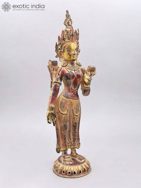 21" Standing Tibetan Buddhist Goddess Tara | Brass Statue