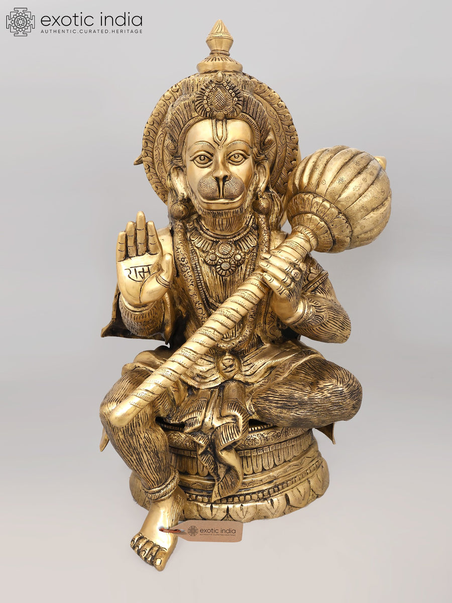30" Large Sitting Lord Hanuman Brass Statue in Blessing Gesture