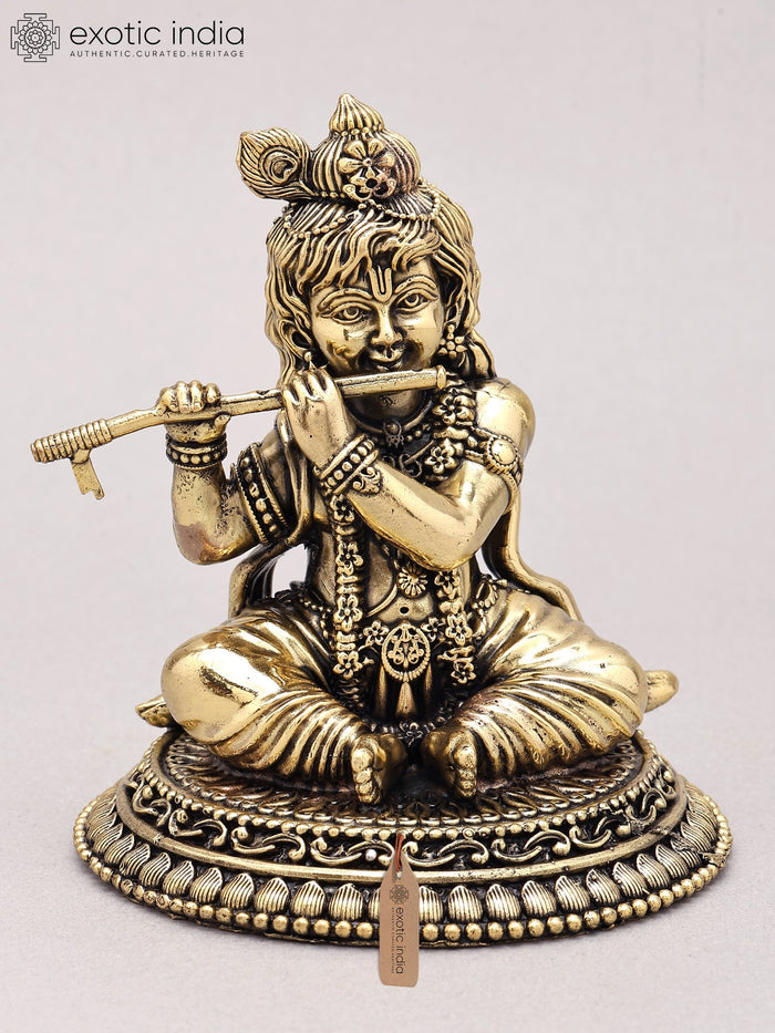 4" Baby Krishna Playing Flute Brass Statue Handmade